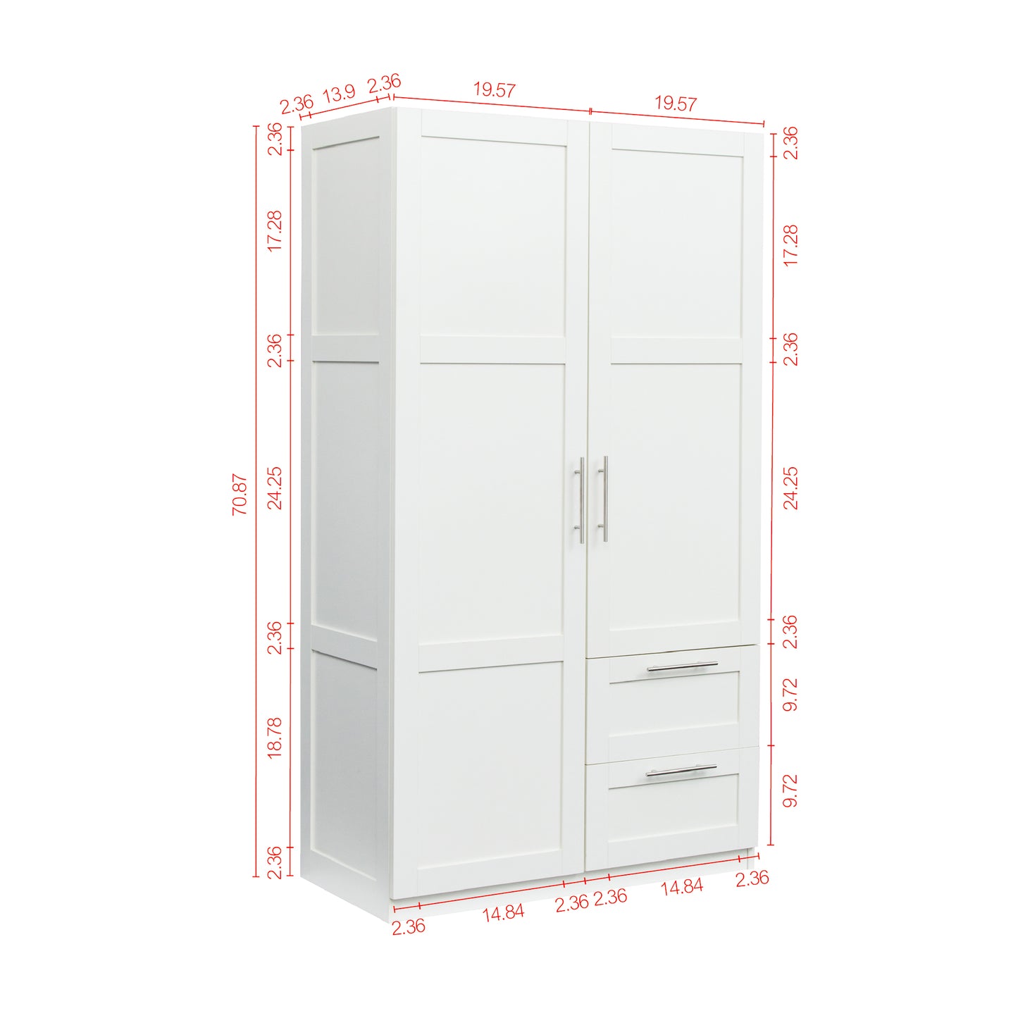 High Wardrobe and Kitchen Cabinet with 2 Doors and 2 Drawers - White