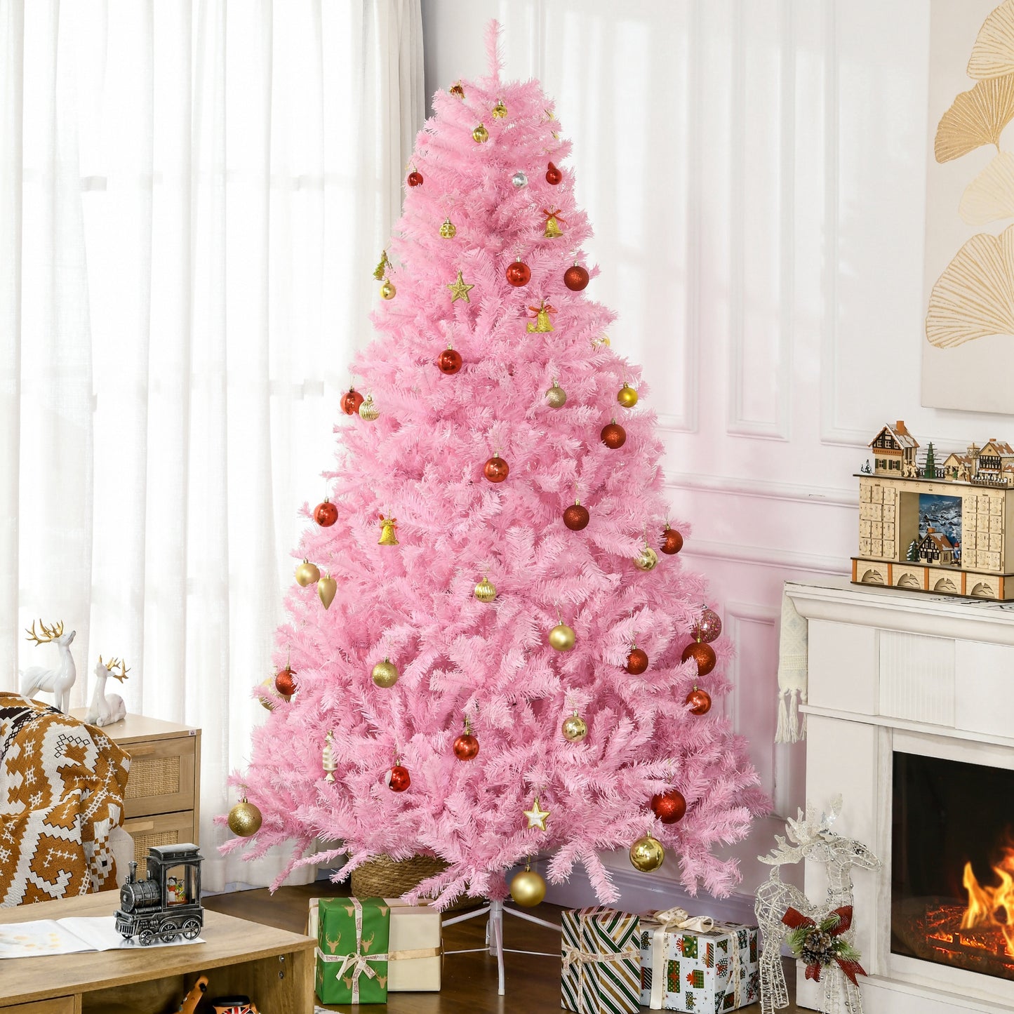 7ft Pink Artificial Christmas Tree with Auto Open and Steel Base