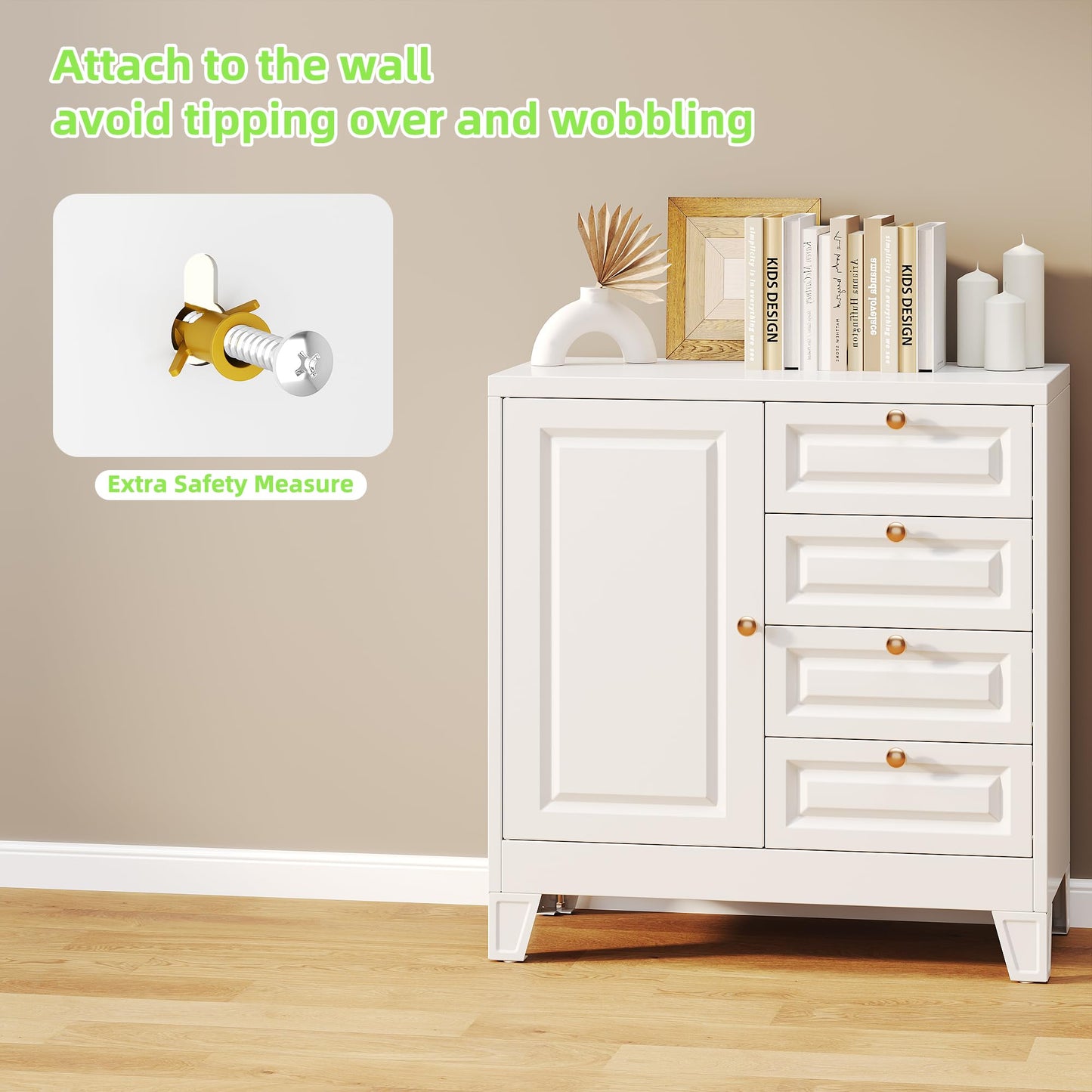 Metal Bathroom Storage Cabinet with 4 Drawers & Shelves - White