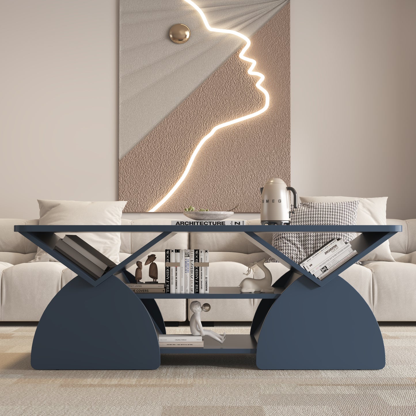 Engineered Wood Rounded Corner Rectangular Coffee Table For Living