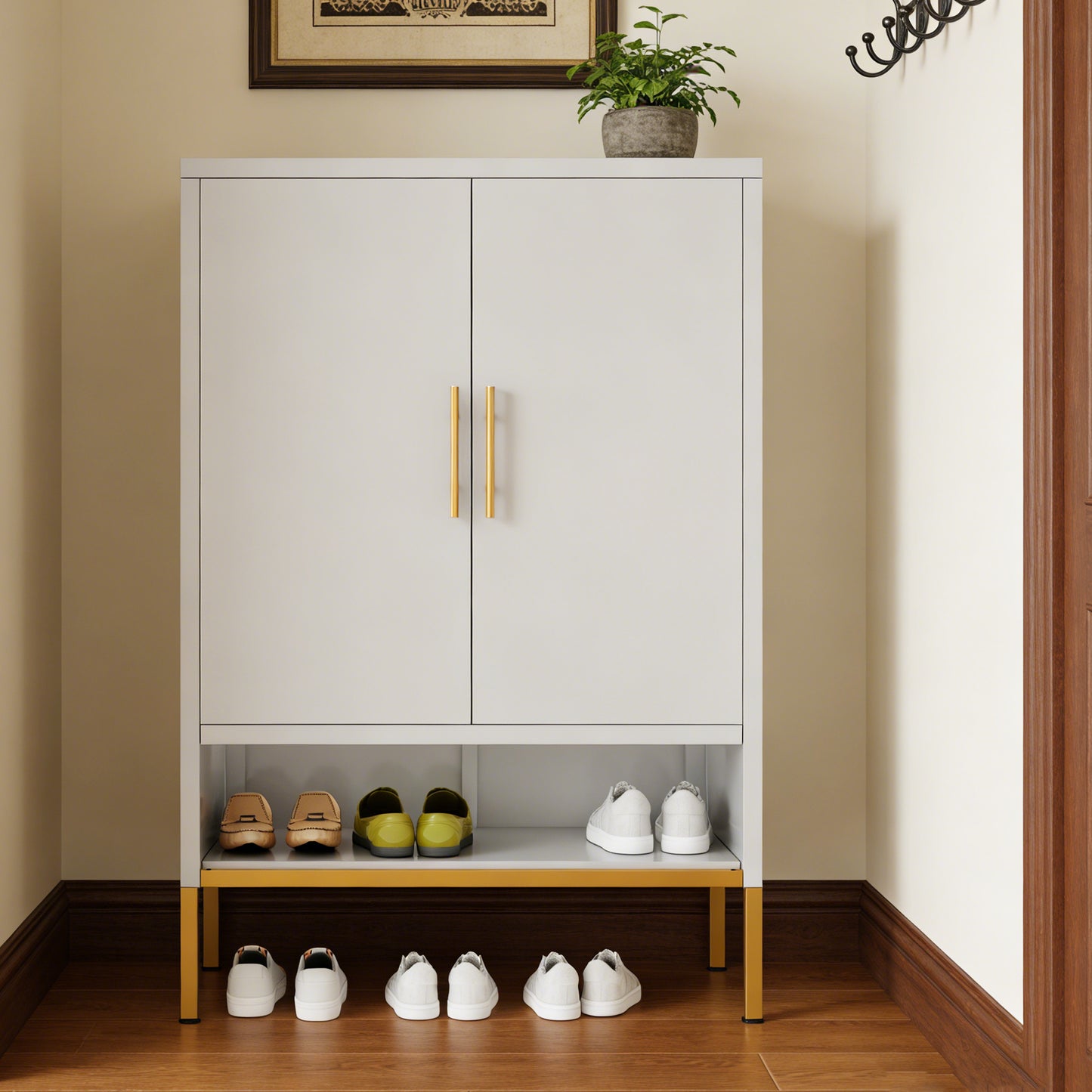 40-Inch Tall 2-Door Metal Shoe Cabinet - 7-Tier Organizer in White
