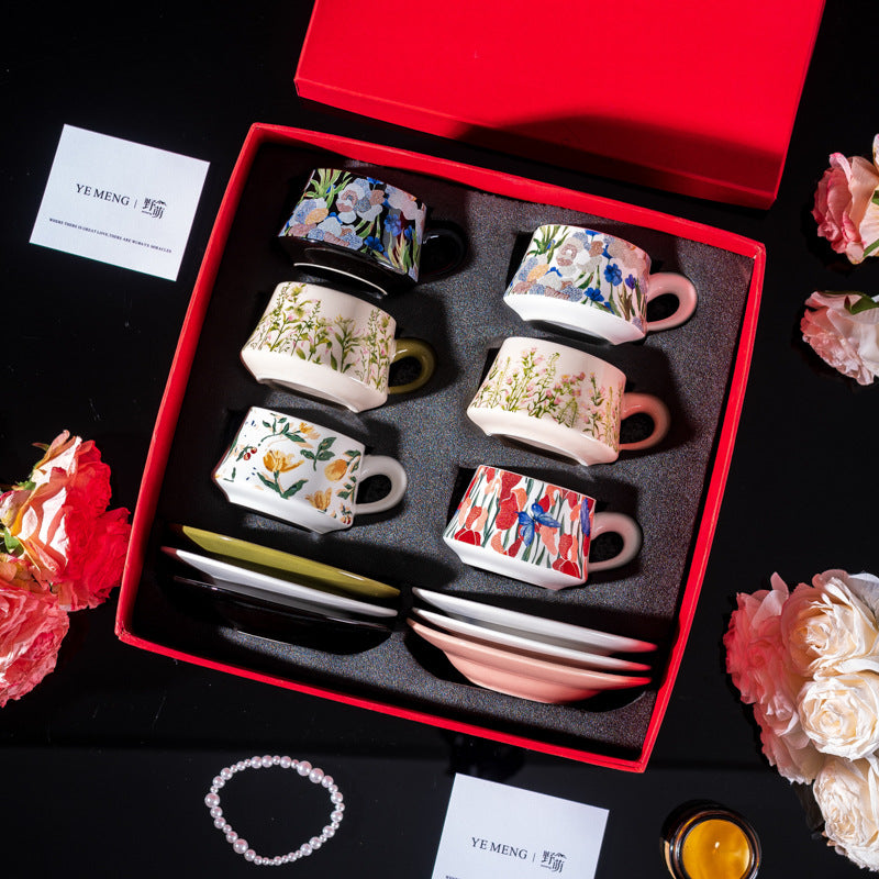 Elegant Iris Flower Ceramic Coffee Cup Set with Gift Box - Multiple Styles & Sizes