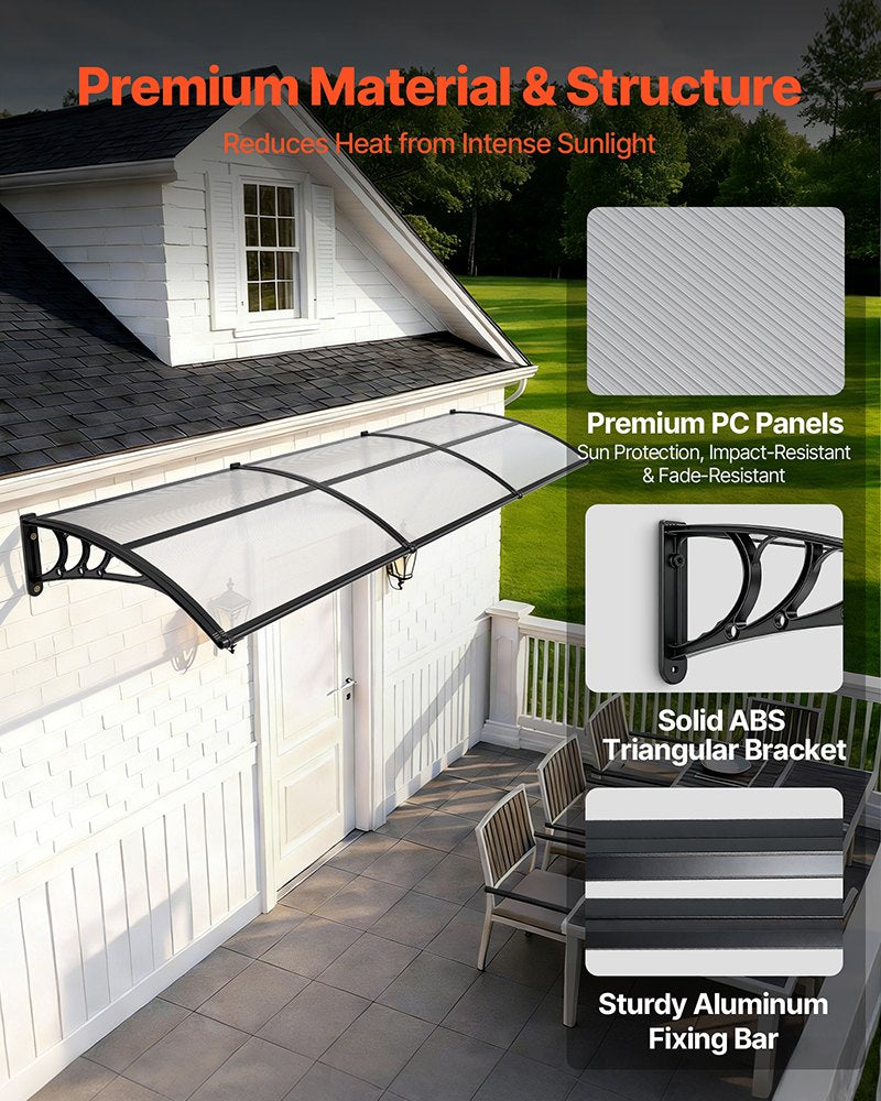 Clear Polycarbonate Door Awning 38x117 Inches with Drainage & ABS Brackets for Exterior Porch Patio