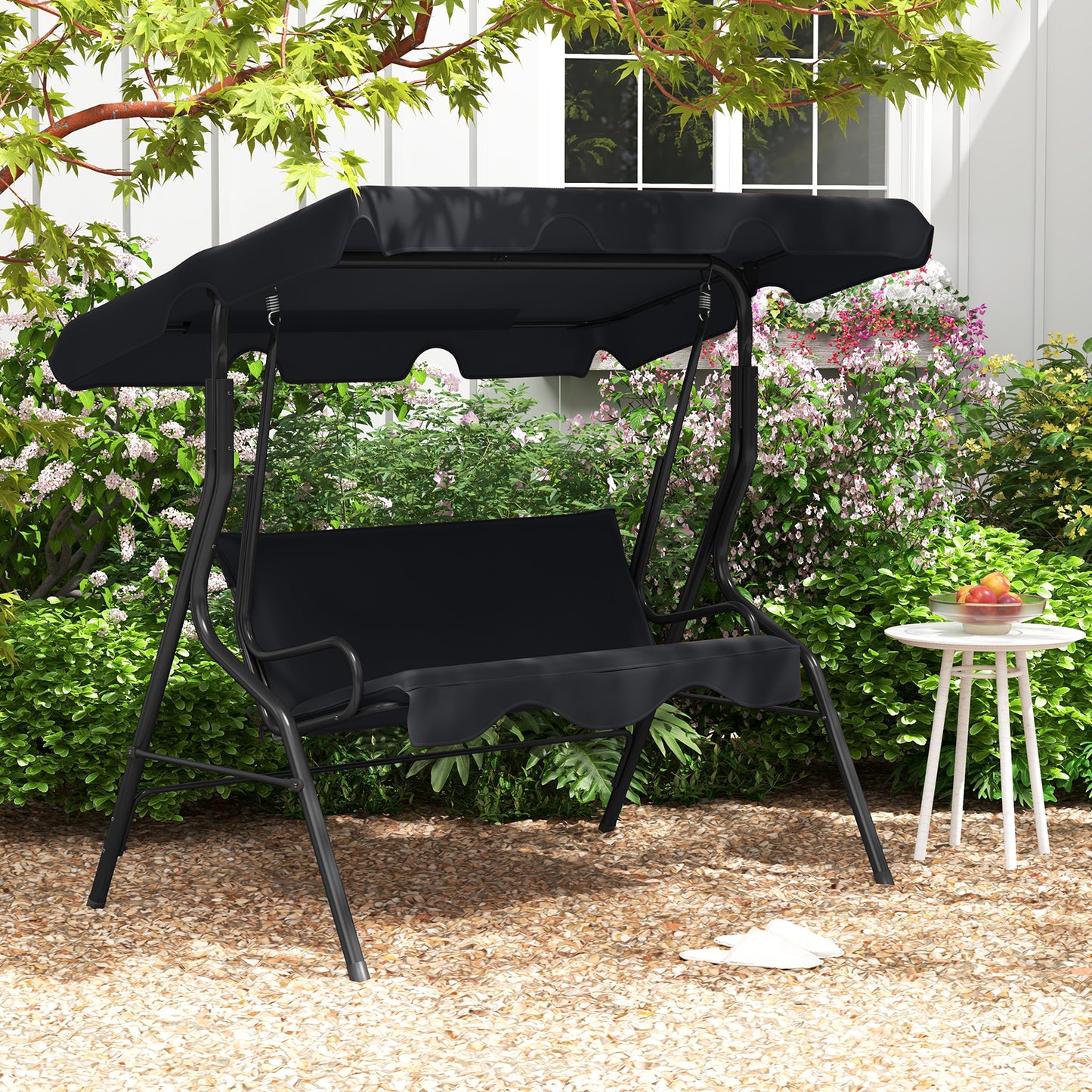 3-Seat Outdoor Patio Canopy Swing with Cushions - Black
