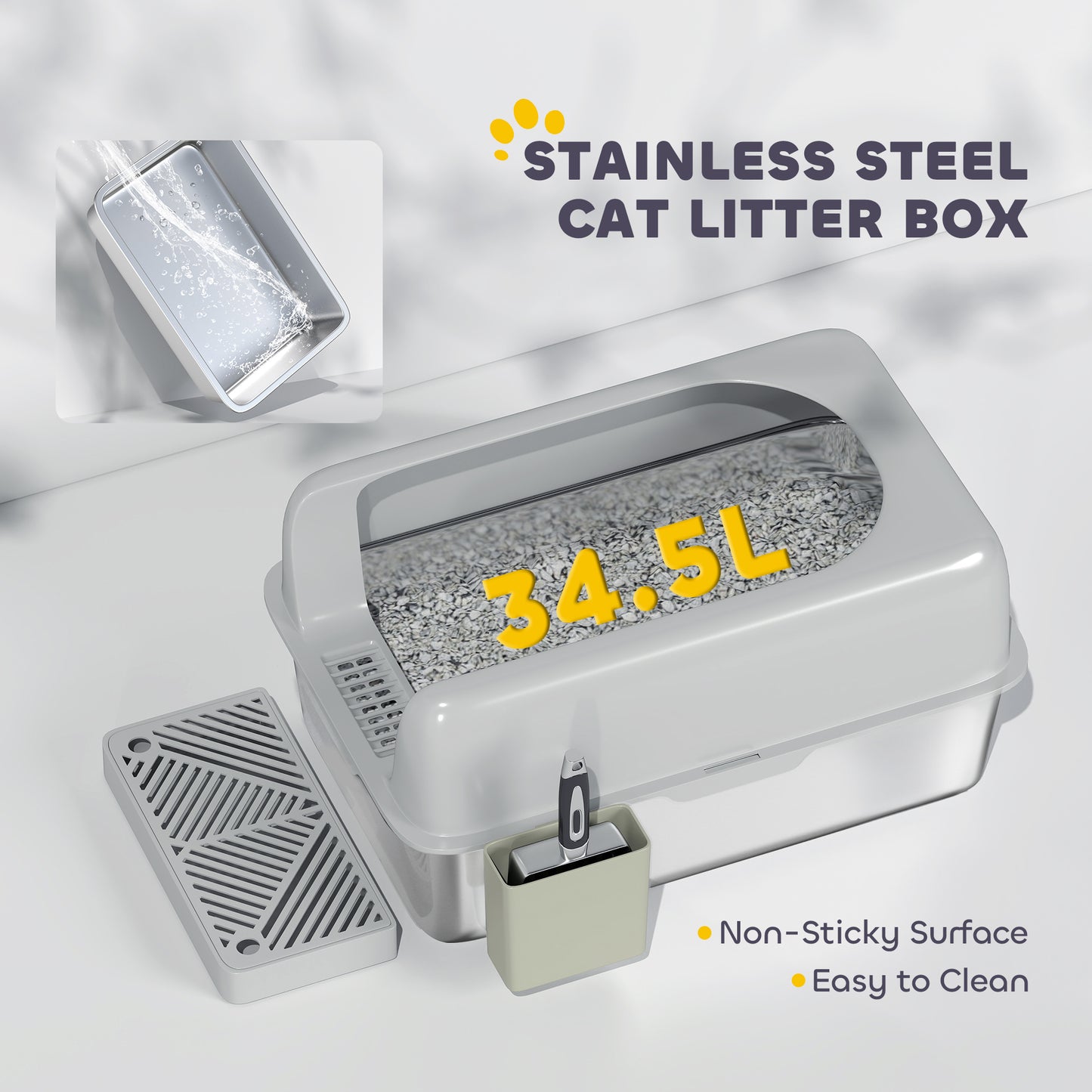 High Sided Stainless Steel Cat Litter Box with Scoop & Holder - Light Gray, 650x210x450mm