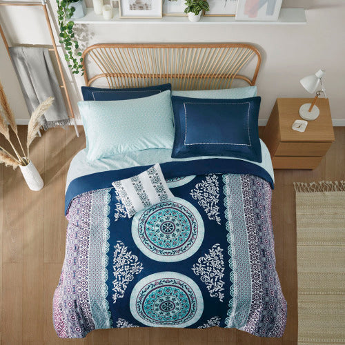 Queen Boho Comforter Set with Bed Sheets - Navy