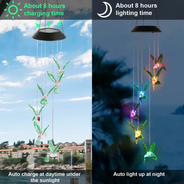 Solar Wind Chime String Lights with Hummingbirds, Color-Changing, Waterproof