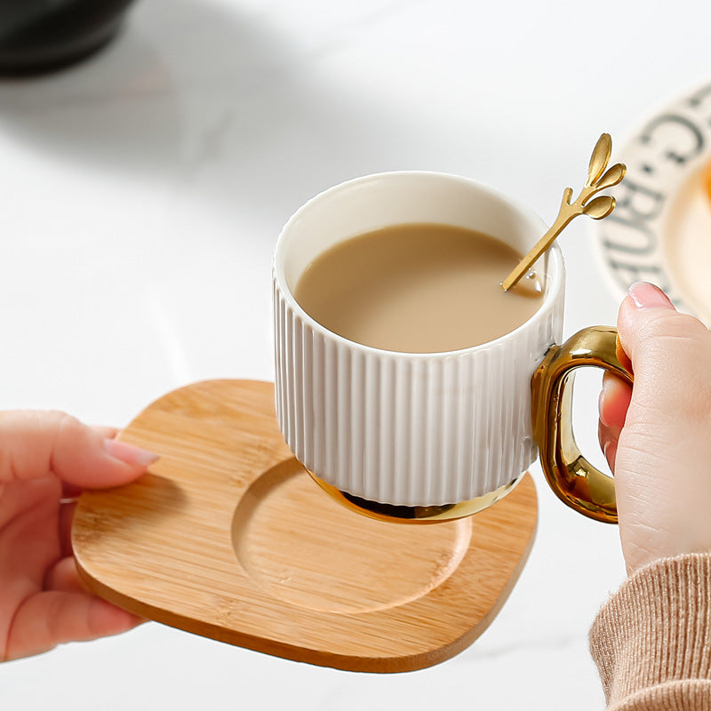 Ceramic Coffee Mug Set with Wooden Coaster and Spoon - Multiple Colors & Capacity