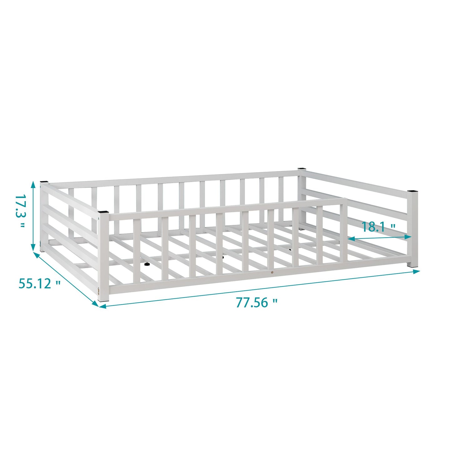 Full Size Low Profile Metal Bed Frame with Guardrails - White