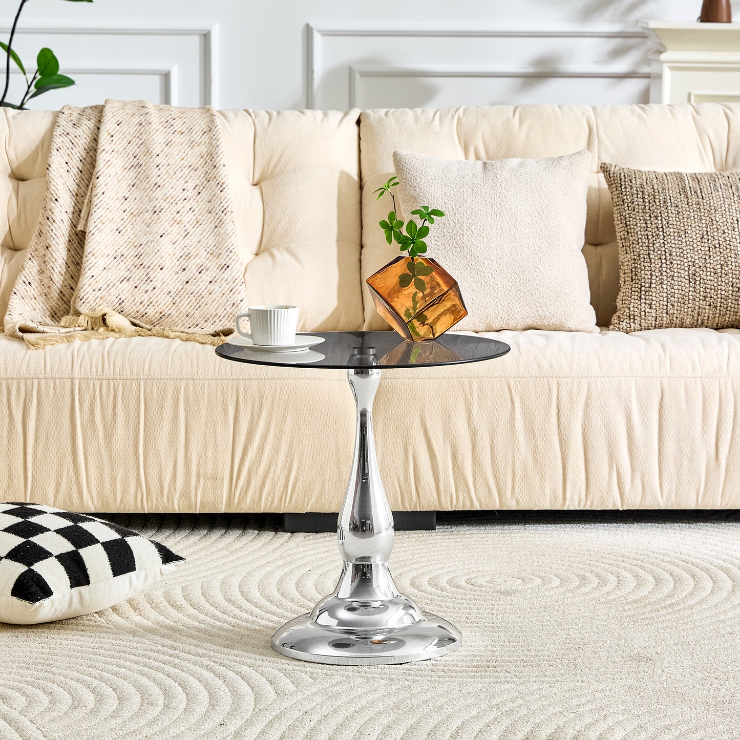 Modern Silver Round Side Table with Glass Top - 19.6"