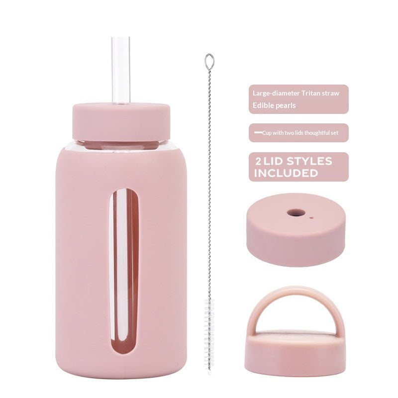 600ml Silicone Sleeve Glass Water Cup with Dual Lids - Heat-Resistant & Sipper-Friendly