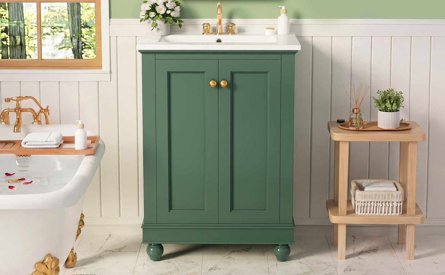 24 Inch Green Modern Bathroom Vanity Cabinet with Soft-Closing Storage