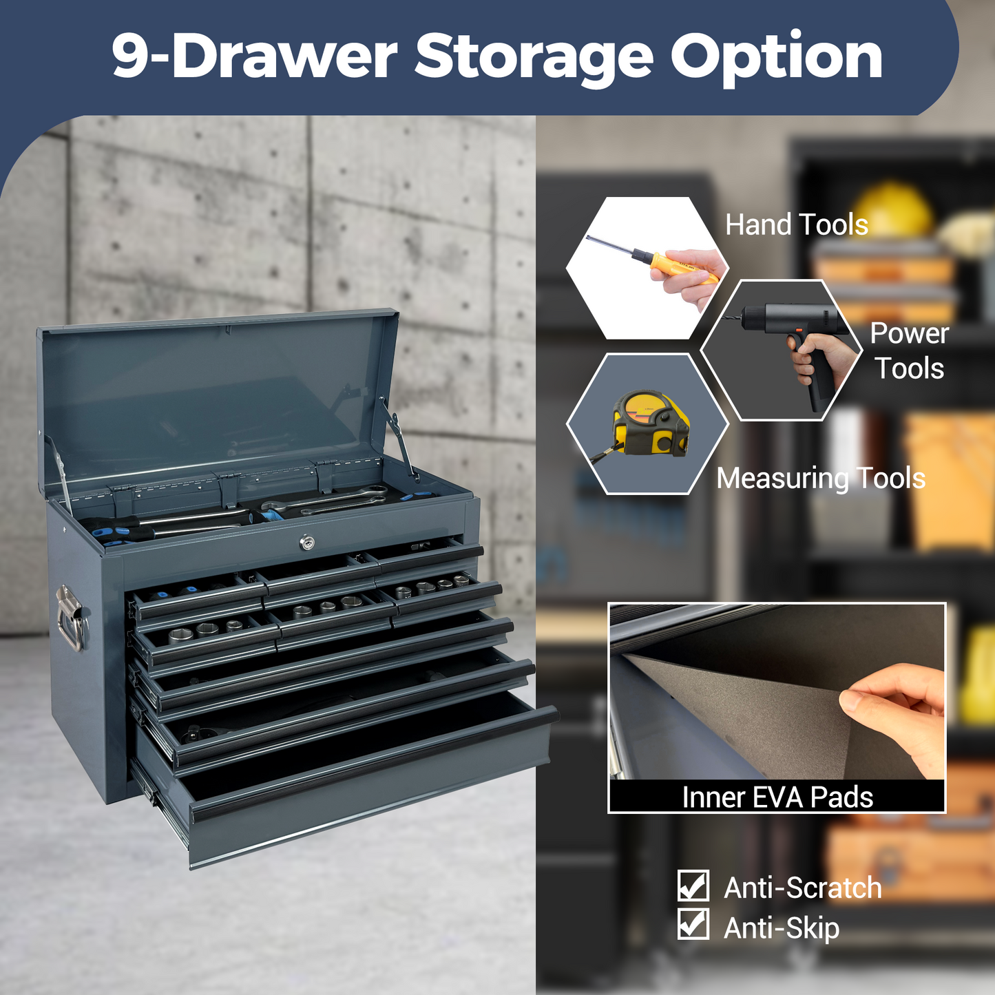 Heavy Duty Metal Tool Box 24 Inch with 9 Drawers & Locking System – Portable Steel Storage Chest