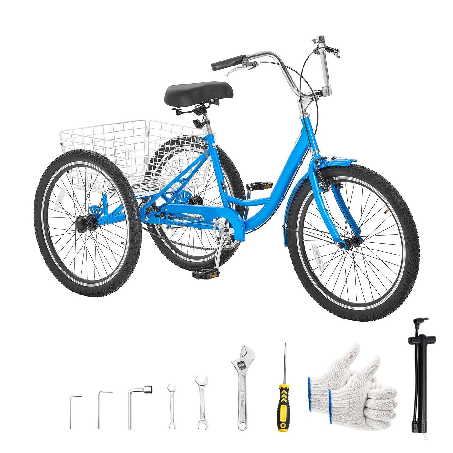 Adult 24 Inch Tricycle with Cargo Basket and Adjustable Seat - Women Men Seniors Cruiser Bike