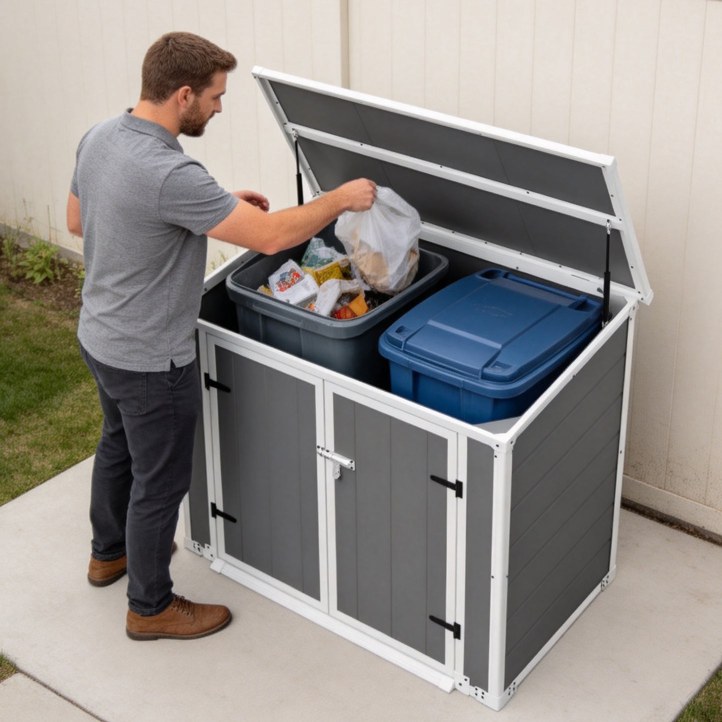 Gray Outdoor Storage Shed with Ramp & Hydraulic Lid - Waterproof