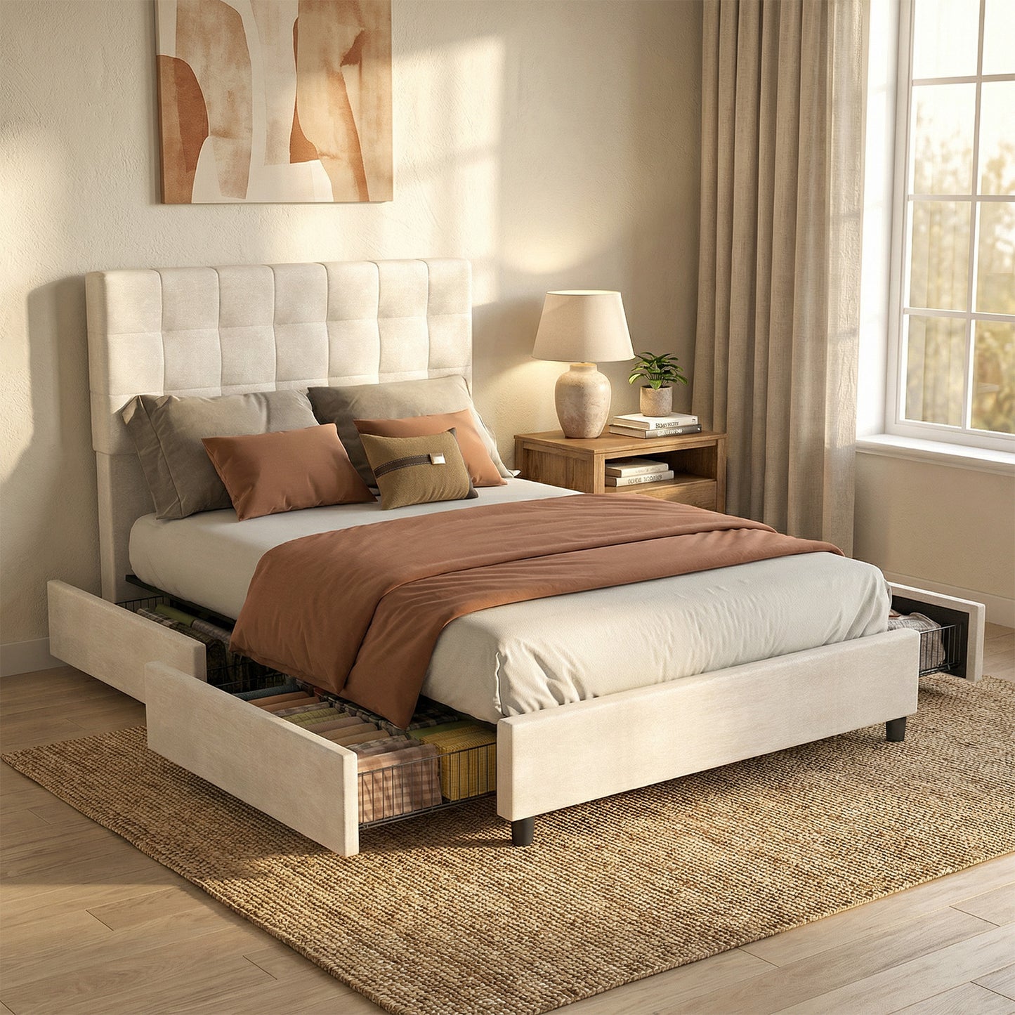Bed Frame Upholstered Vertical Channel Headboard With 4 Storage