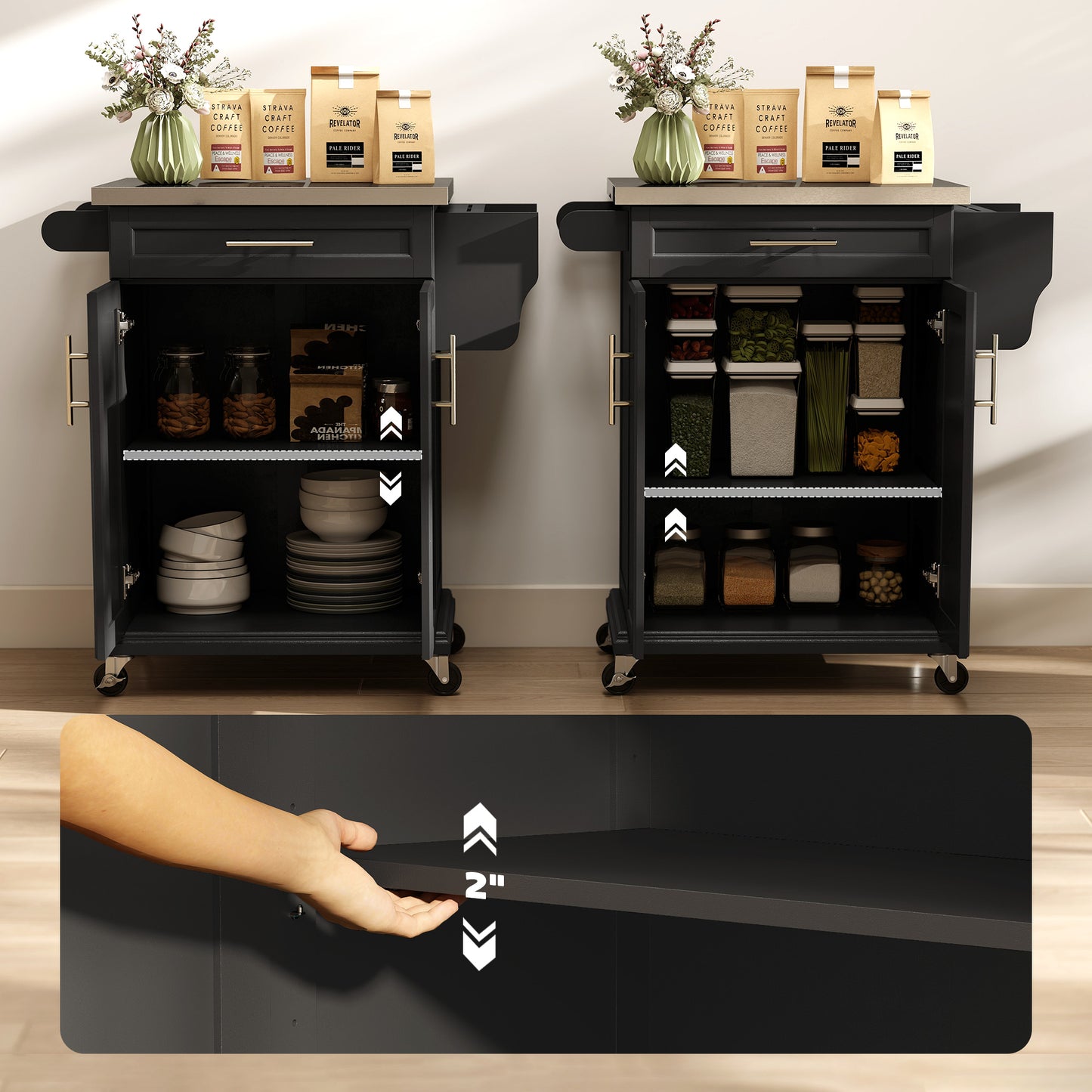 Rolling Kitchen Island Cart with Stainless Steel Top & Storage - Black