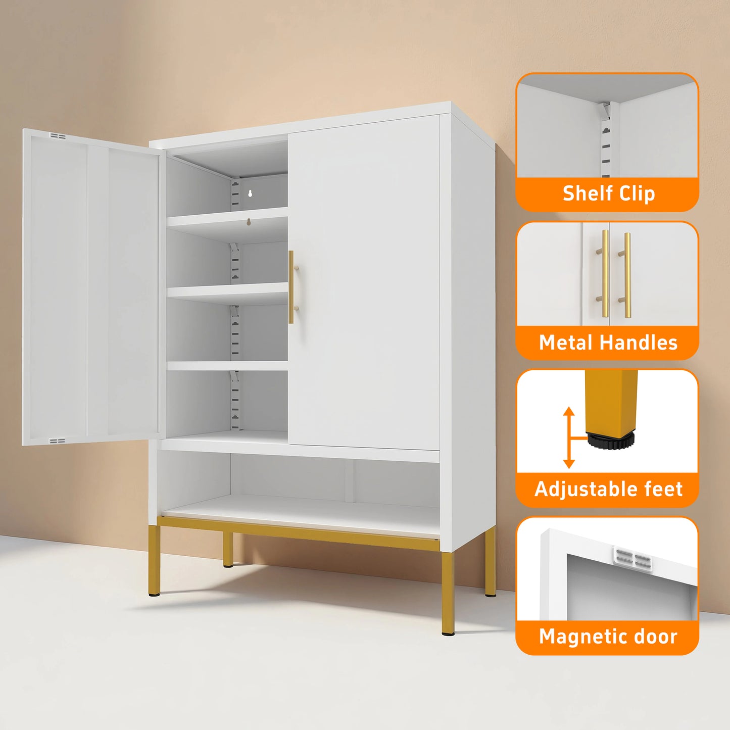 40-Inch Tall 2-Door Metal Shoe Cabinet - 7-Tier Organizer in White