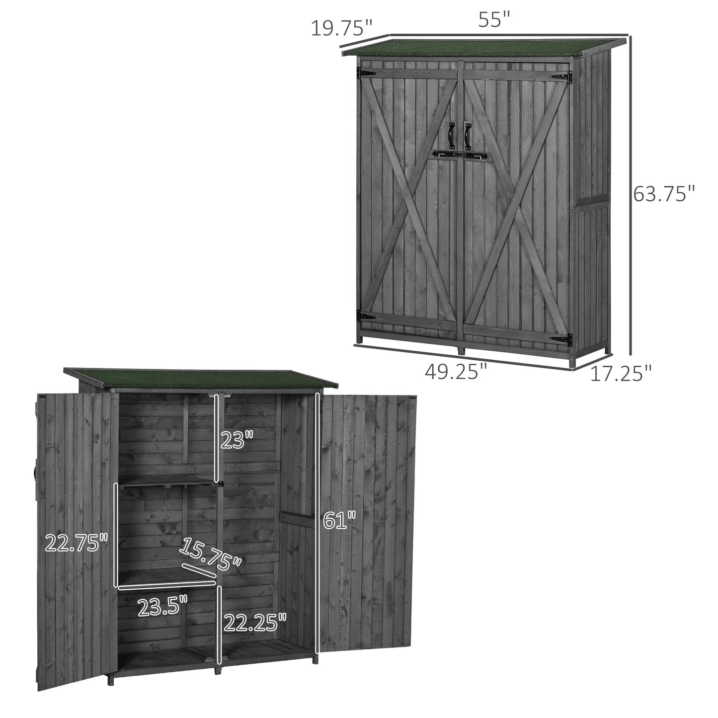 Outdoor Wooden Garden Storage Shed with Lockable Doors and Waterproof Asphalt Roof - Gray