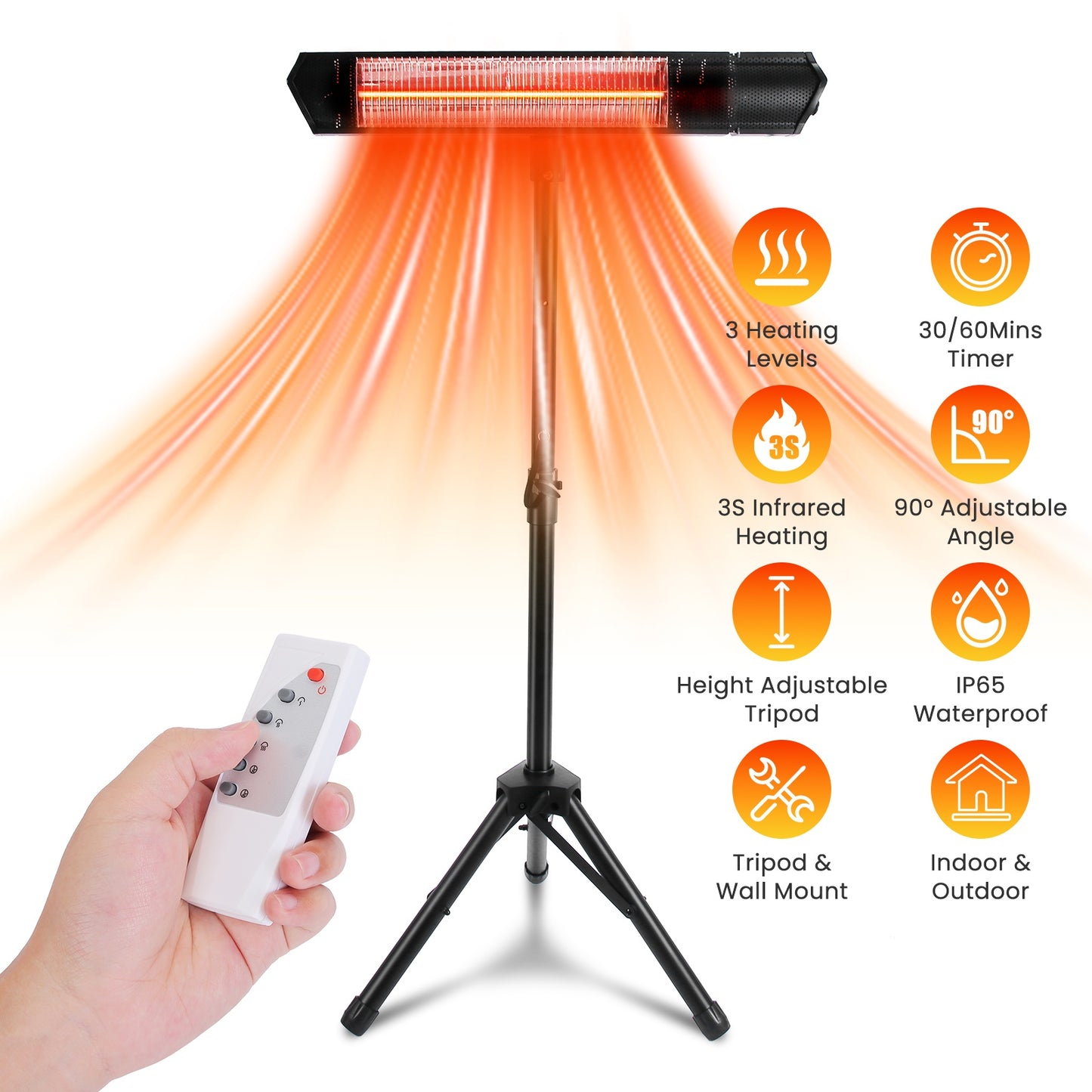1500W Infrared Patio Heater with Stand and Wall Mount - Waterproof Outdoor Space Heater with Remote Control