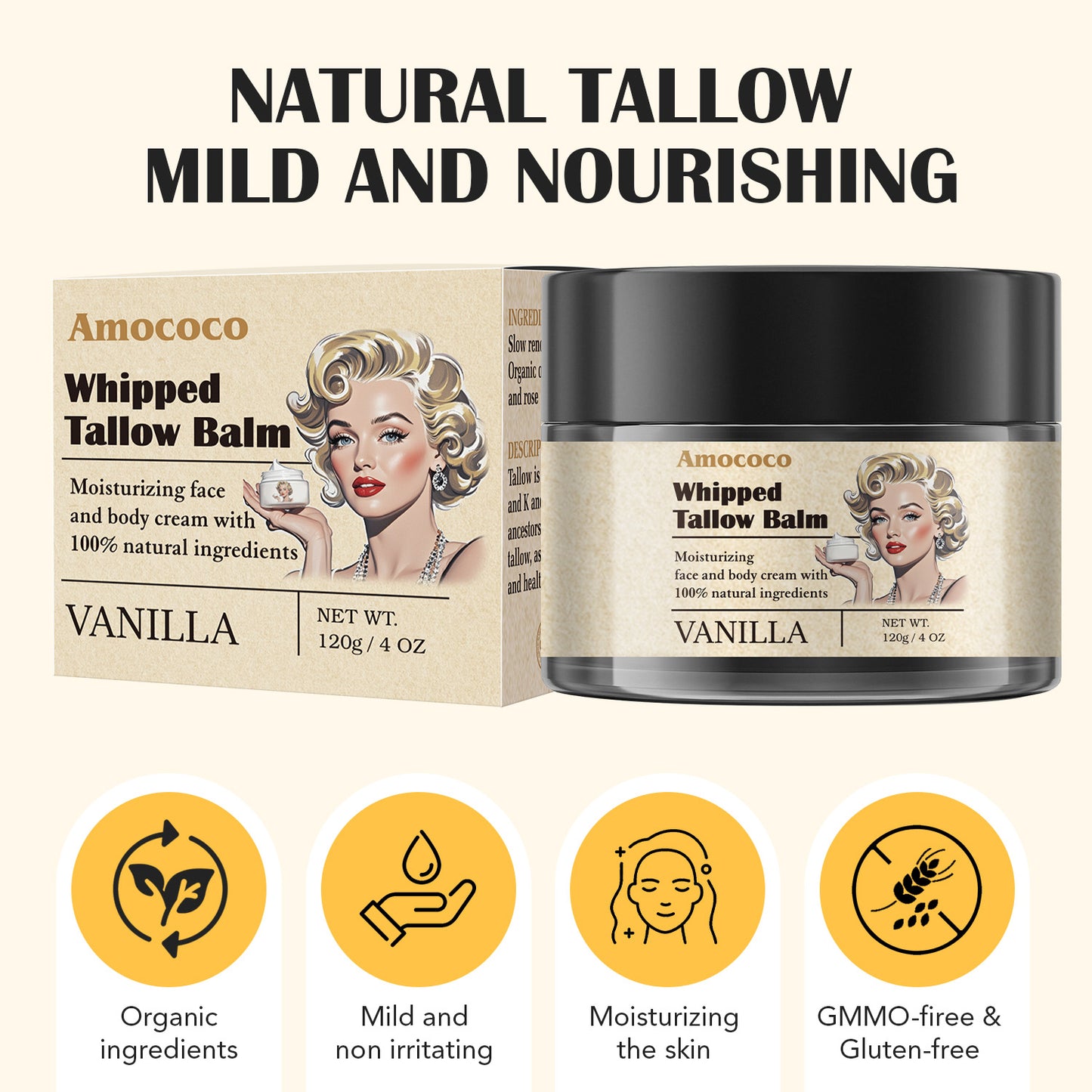 Whipped Tallow Balm - Natural Deep Hydration Cream for Face, Body & Lips 600g