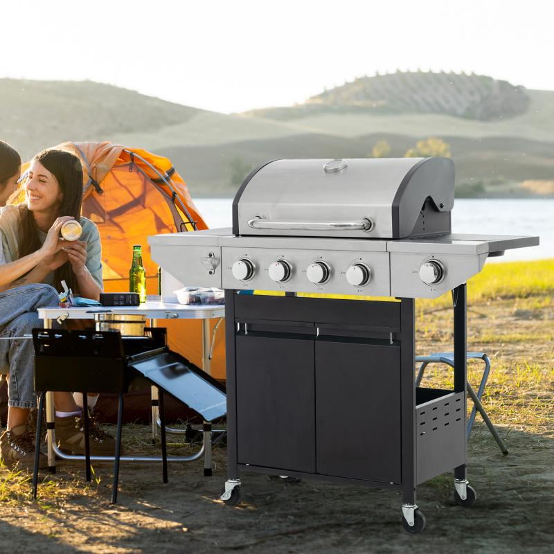Stainless Steel Propane Gas Grill with Side Burners - Black