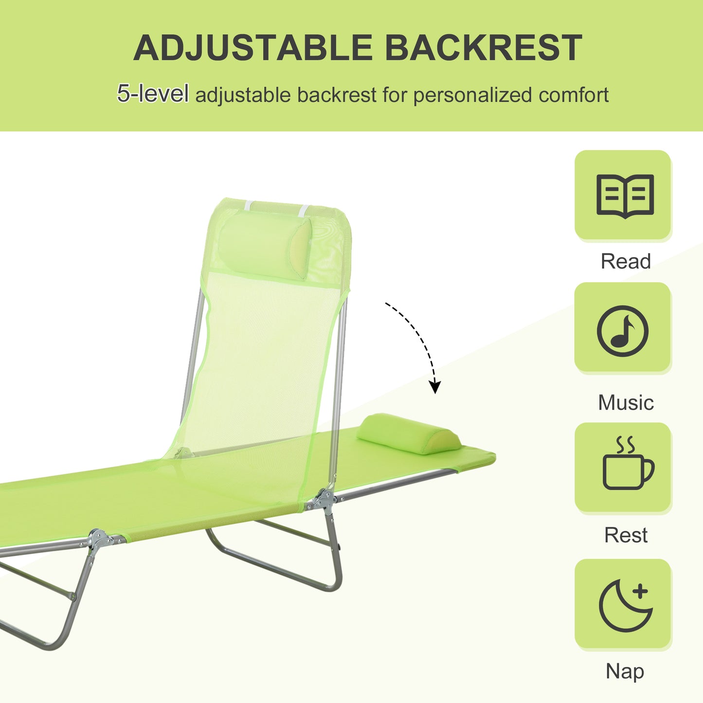 Folding Chaise Lounge Chair - Outdoor Reclining Pool Chair with Pillow, Green