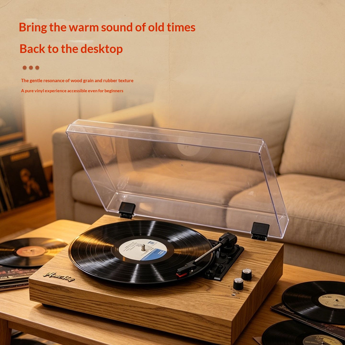 Vinyl Record Player with Bluetooth & Dual Speakers - Desktop Acrylic Dust Cover