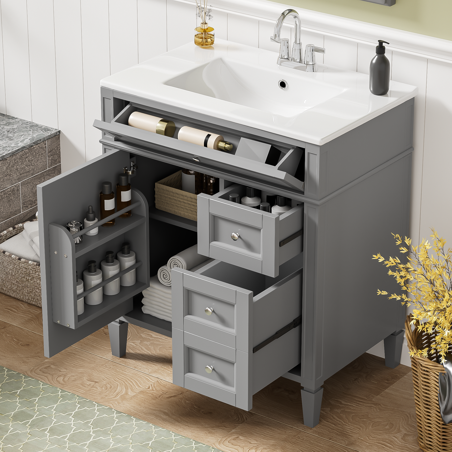 30 Bathroom Vanity With Top Sink, Modern Storage Cabinet 2 Drawers
