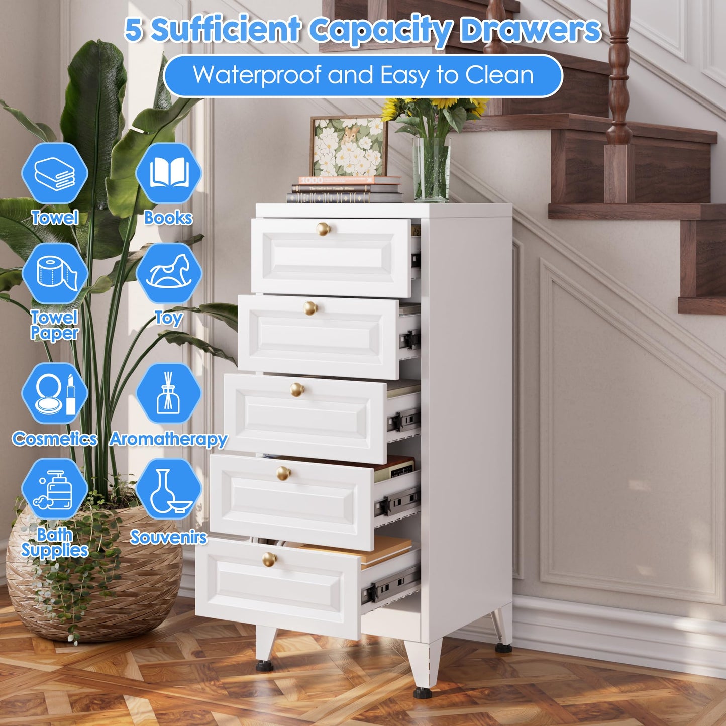 Metal Bathroom Storage Cabinet with 5 Drawers - White