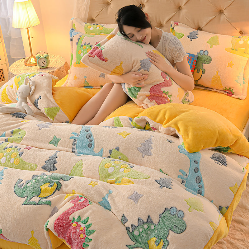 Coral Velvet Duvet Cover Set Double Sided Thick Bedding with Cartoon Patterns
