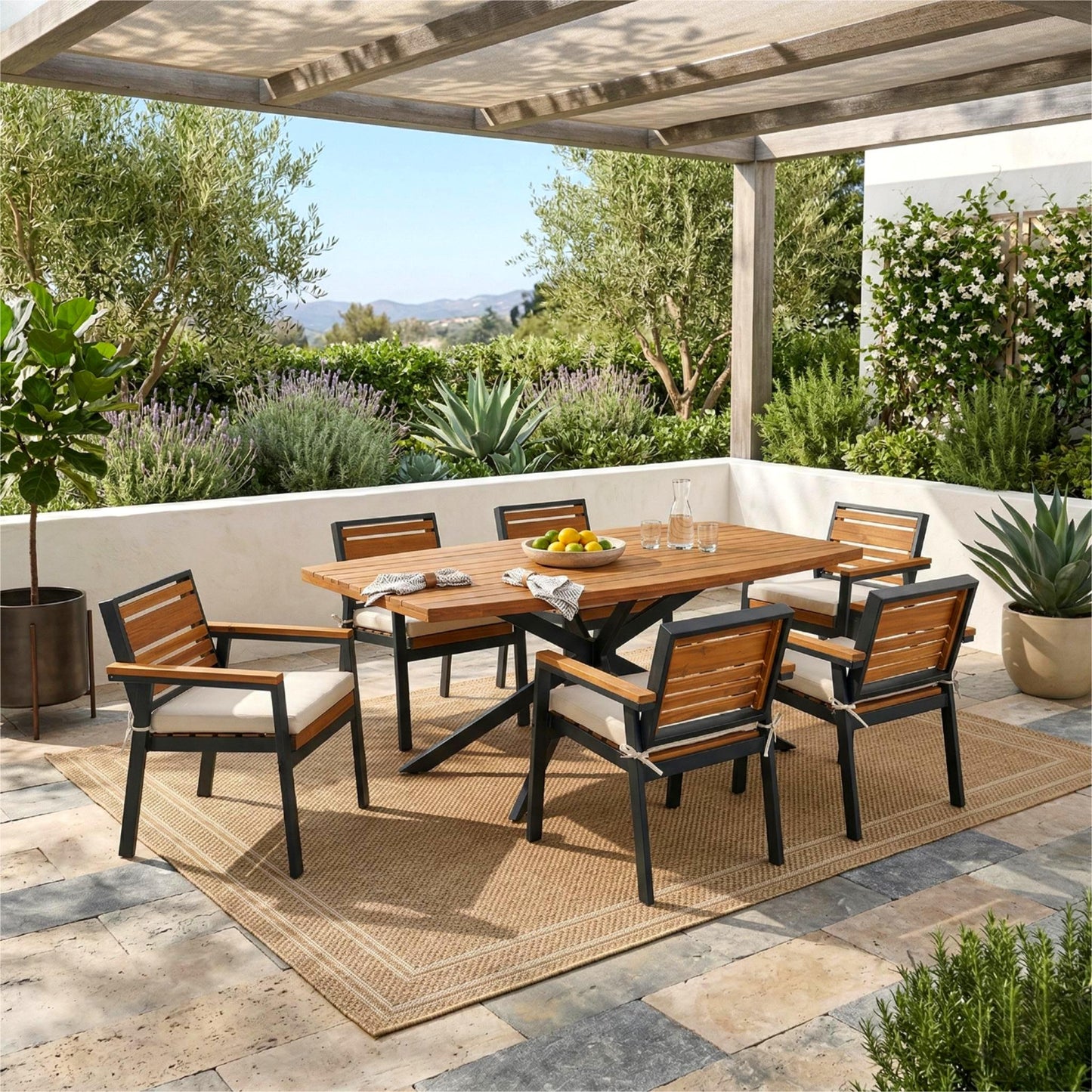 Modern 7-Piece Dining Set, Acacia Wood With Iron Frame, 6 Chairs
