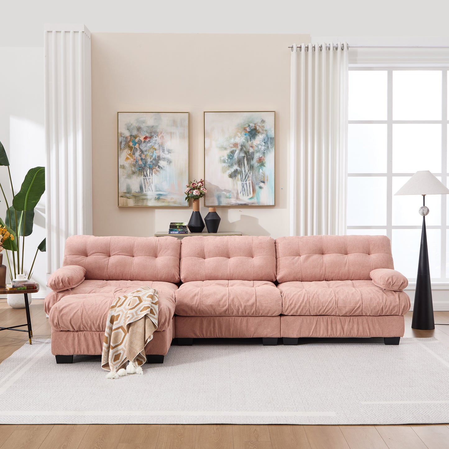 Oversized Modular Sectional Sofa with Movable Ottoman - Pink