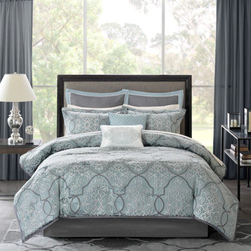 12 Piece Blue Comforter Set with Cotton Bed Sheets - Cal King