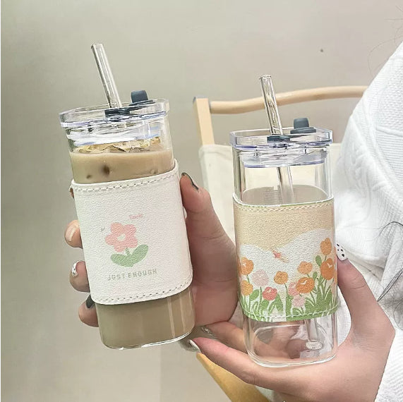 Large Capacity Glass Water Cup with Lid and Straw - Portable Drinkware