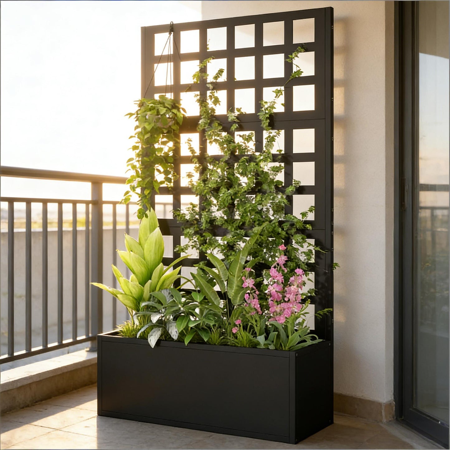 Raised Garden Bed Planter Box with Trellis - Black Steel