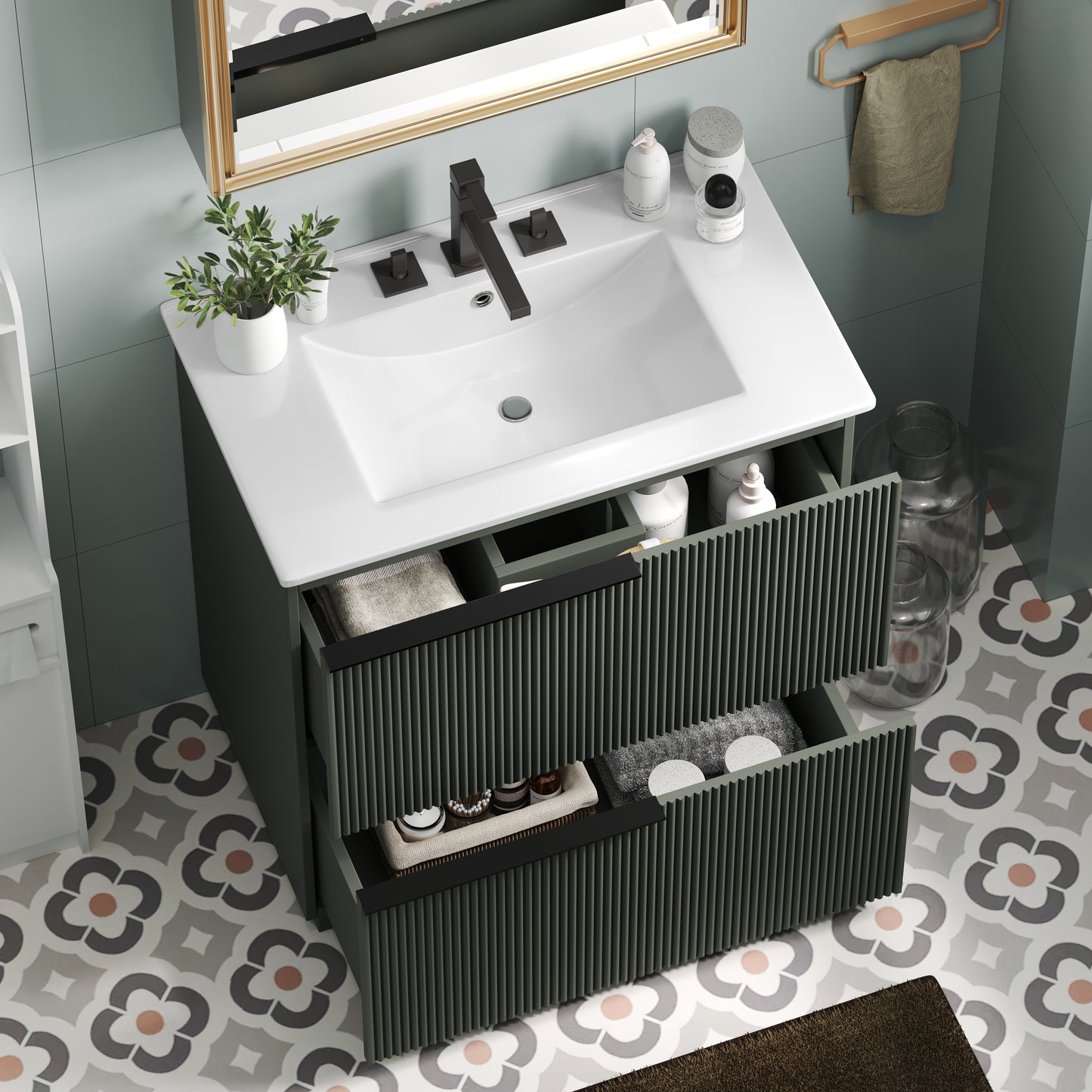30" Bathroom Vanity with Ceramic Sink, Full-Extension Drawers, Green