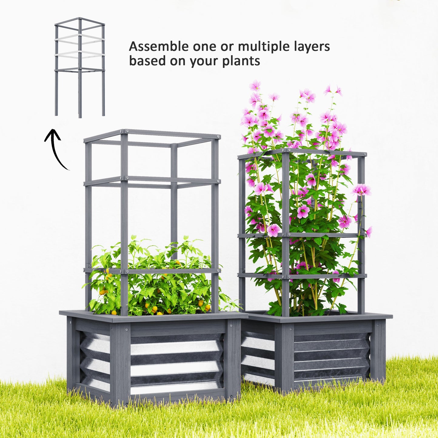 Wooden Raised Garden Bed with Trellis - Elevated Planter Box for Vegetables & Climbing Plants, Gray 550x330x135 mm