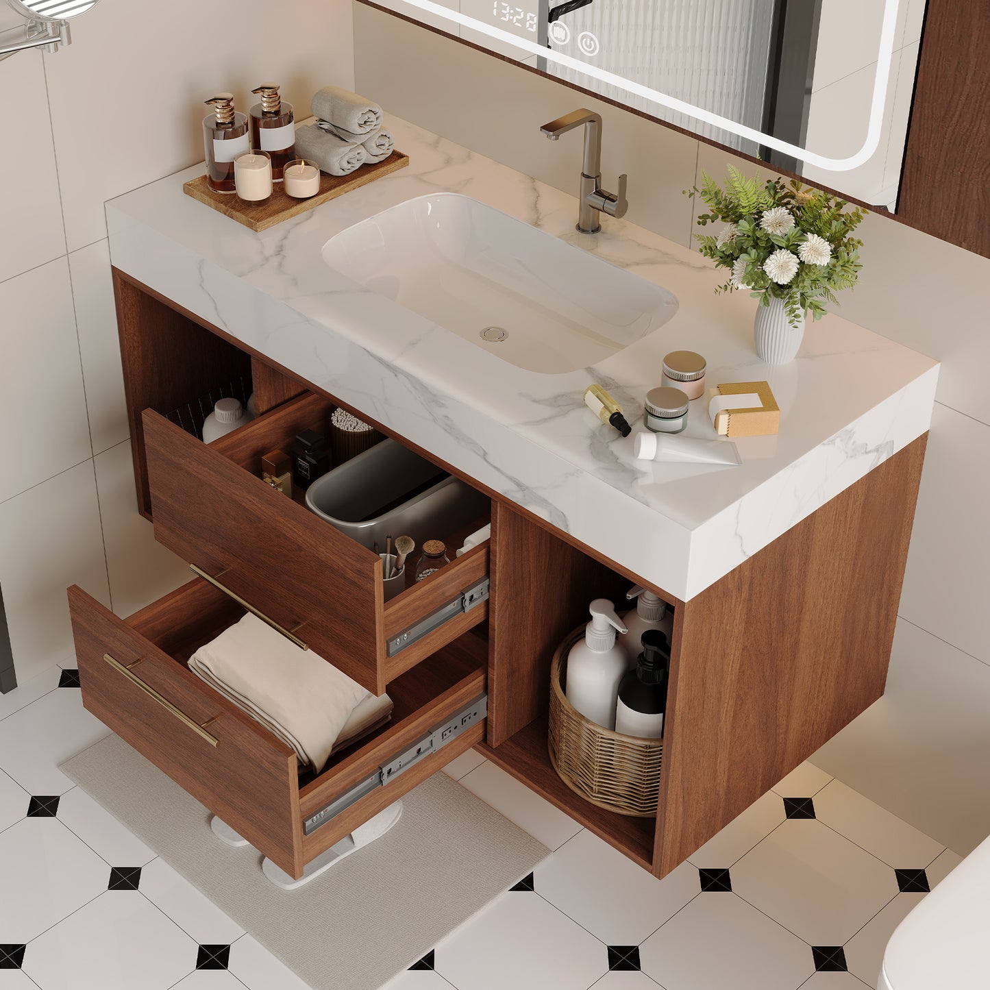39.4" Floating Bathroom Vanity with Ceramic Sink & 2 Drawers - Walnut/White
