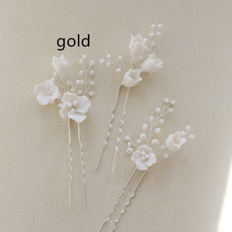 Ceramic Flower Hair Fork Set for Bridal Hair Accessories - Gold & Silver