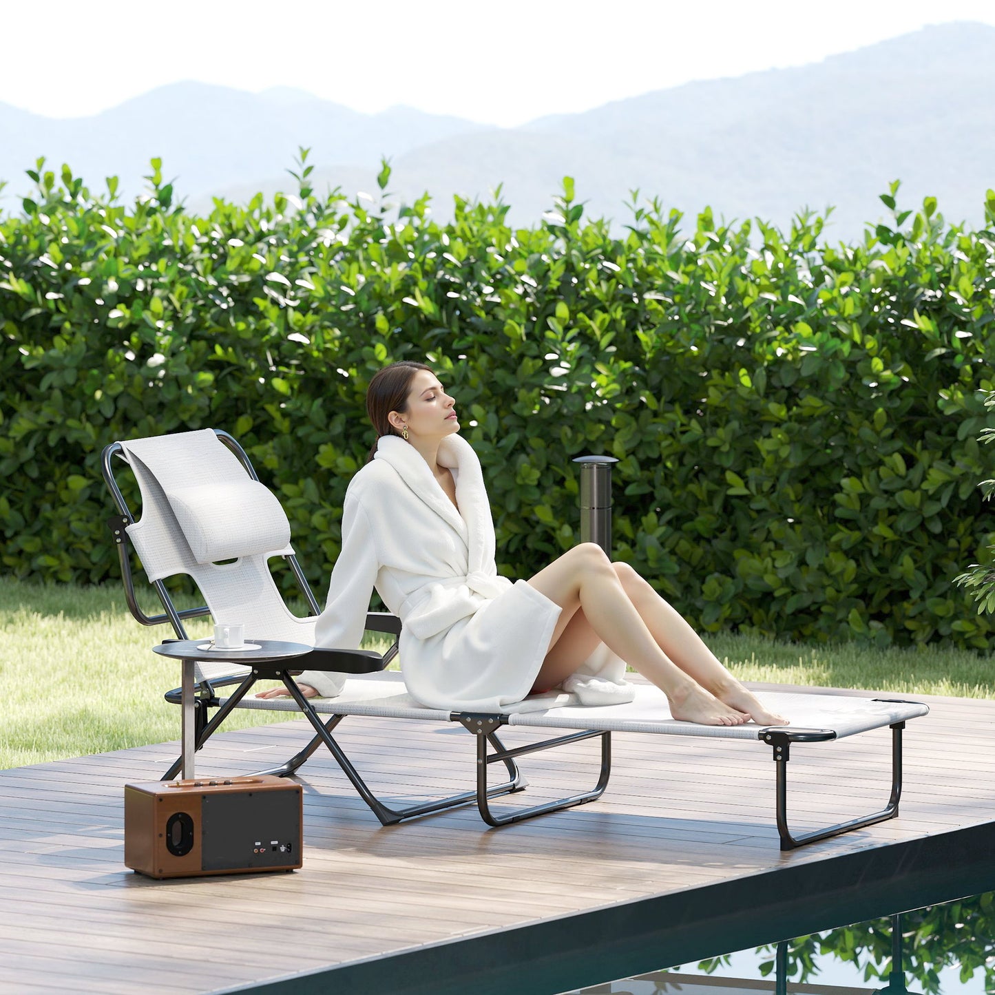 Folding Lounge Chair with Reclining Back - Cream White