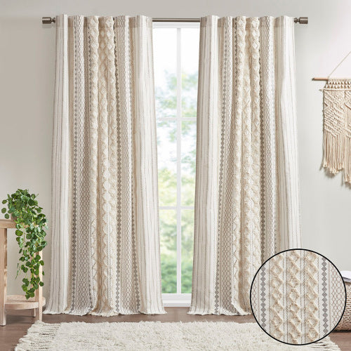 Ivory Cotton Printed Curtain Panel with Chenille Stripe - 50x84