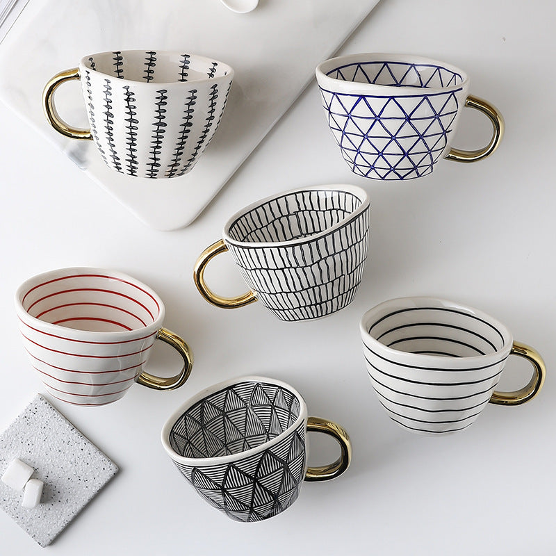 Japanese Geometric Ceramic Mug - Wide Mouth Hand-Pinched 330ml Drinkware
