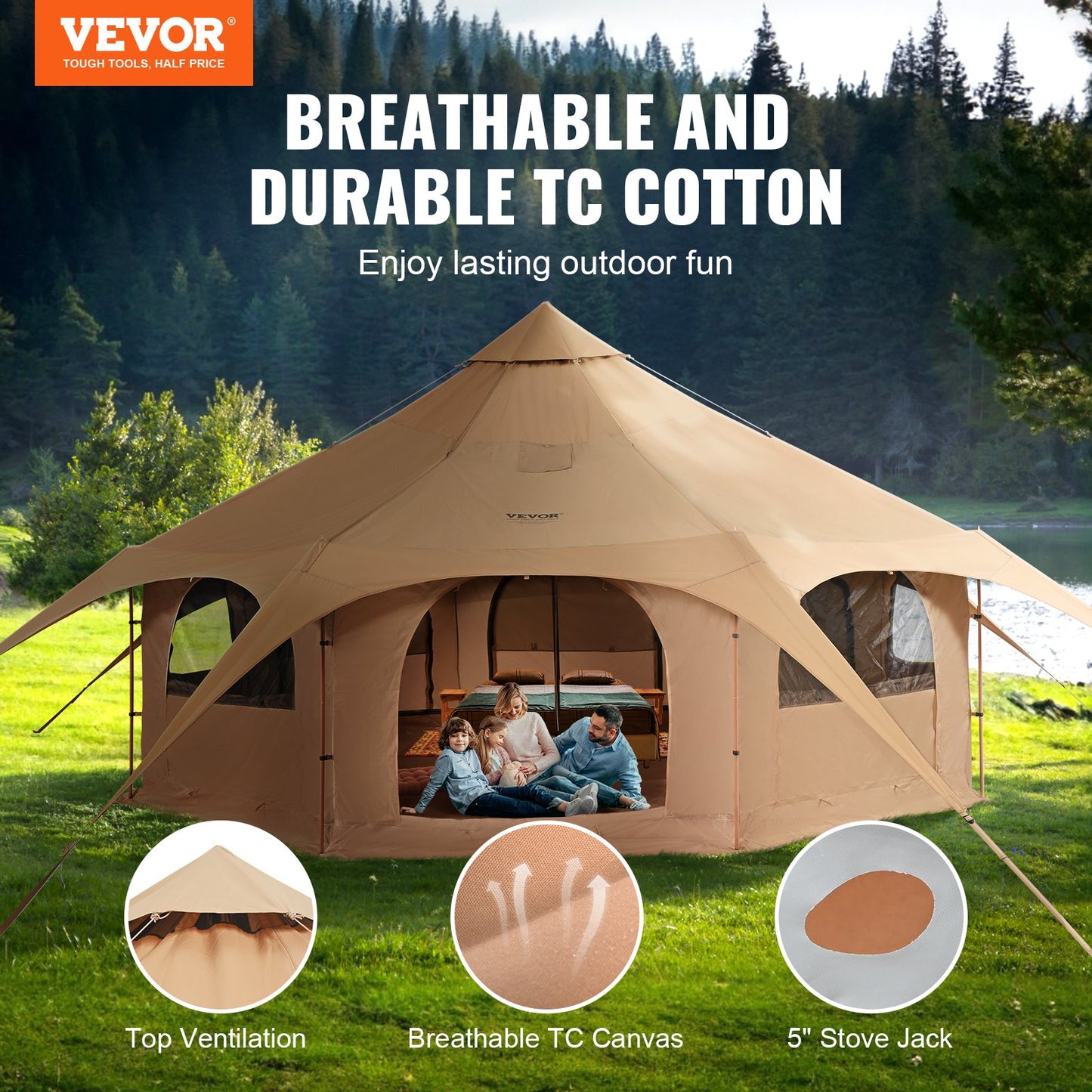 4-Season Canvas Bell Tent 5m/16.4ft for Camping & Family Outdoor Use with Stove Jack