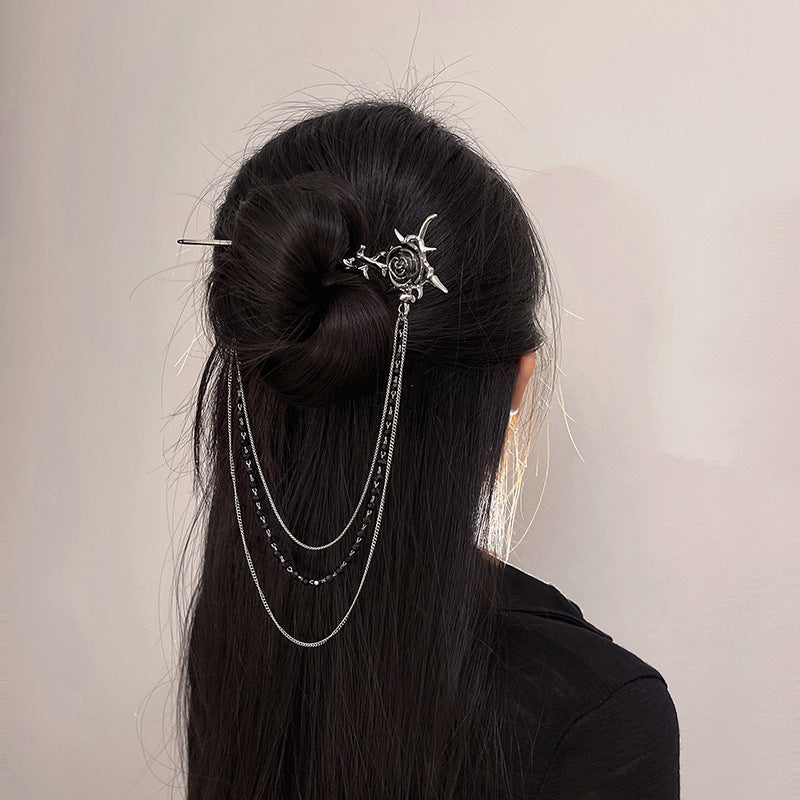 Rose Flower Chain Hairpin - Korean Style Metal Hair Stick