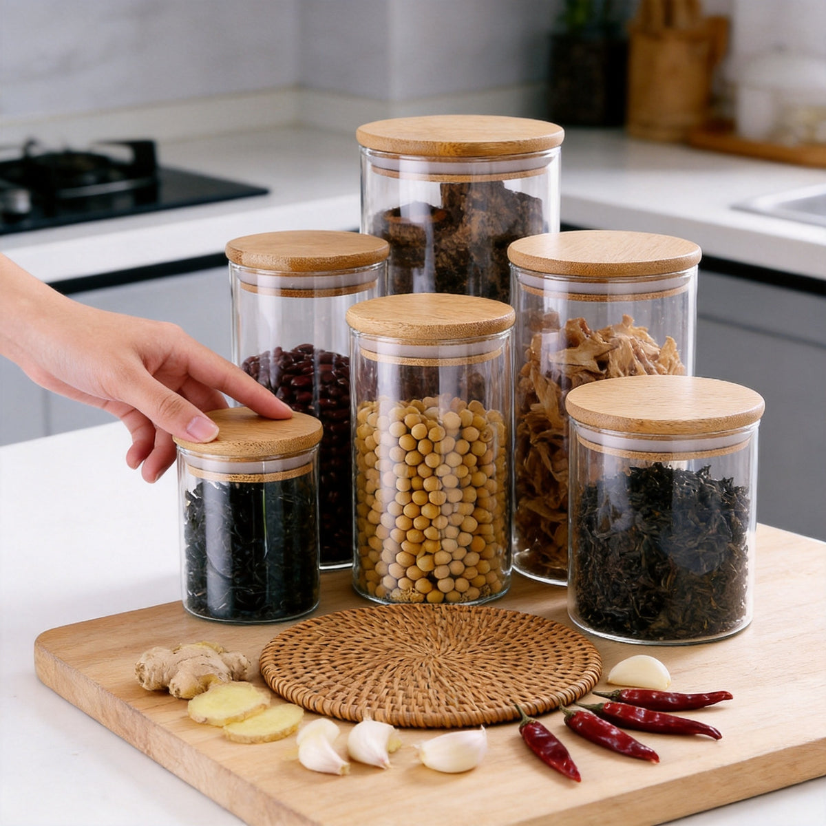 Sealable Food Storage Canisters Set with Bamboo Lids - Glass Bulk Container