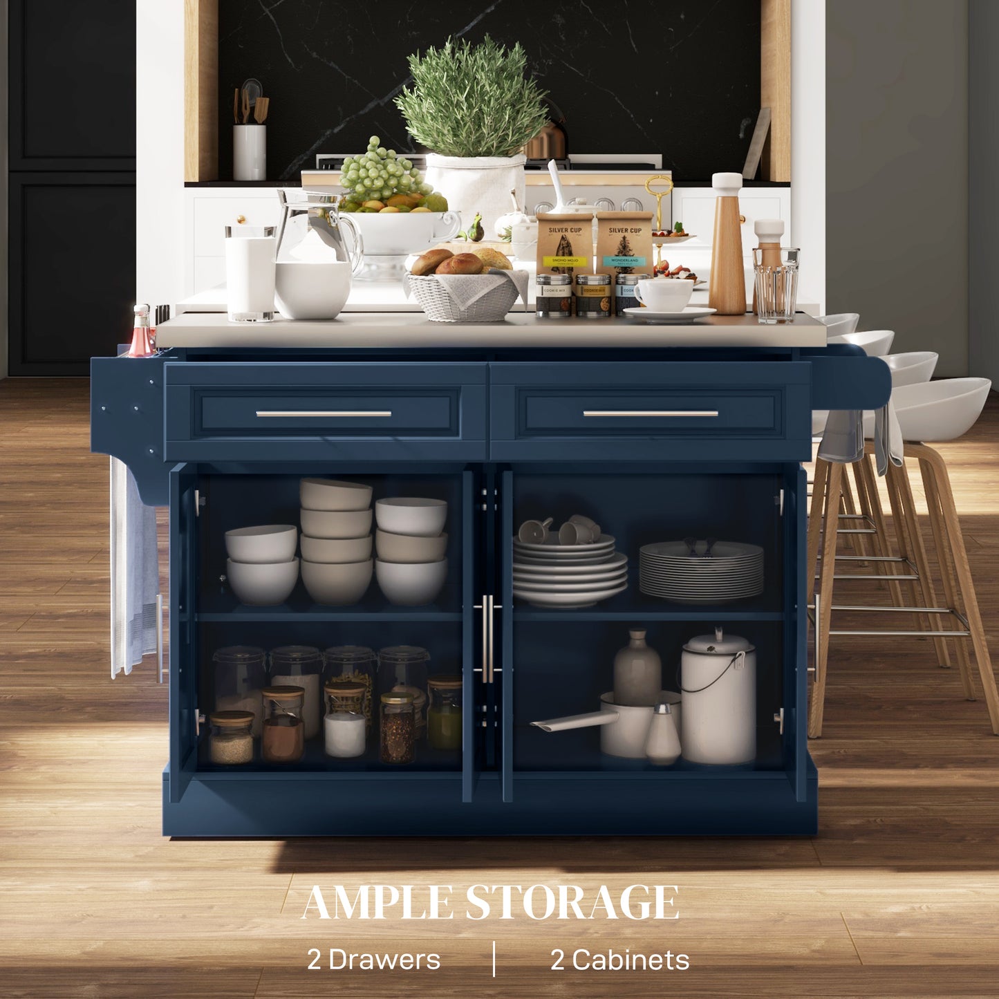 Rolling Kitchen Island with Stainless Steel Top & Drawers - Navy Blue