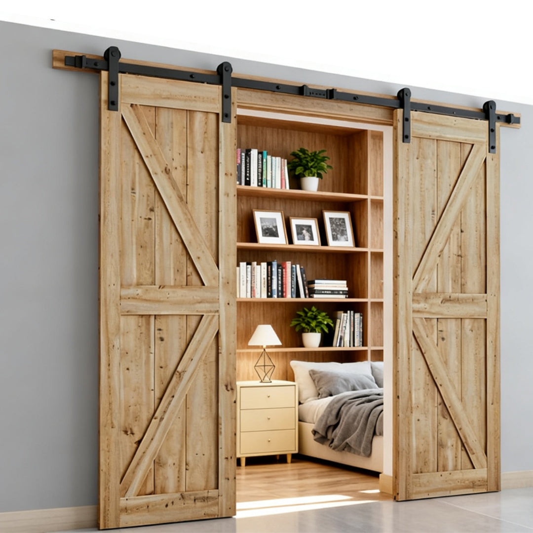 8 FT Double Sliding Barn Door Track Kit - Black Hardware