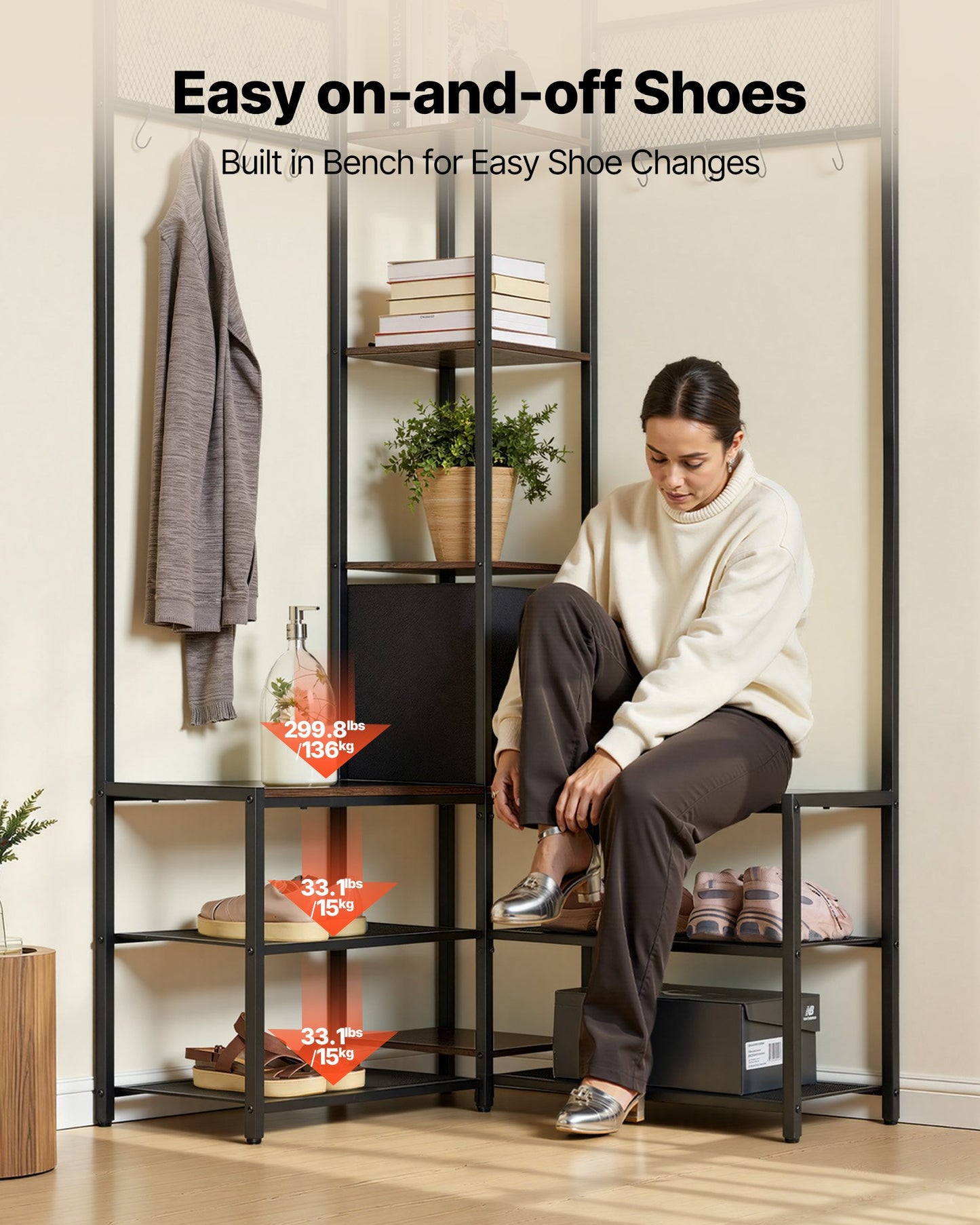 Corner Coat Rack with Shoe Bench and Hooks - Rustic Brown, 70.9 Inches