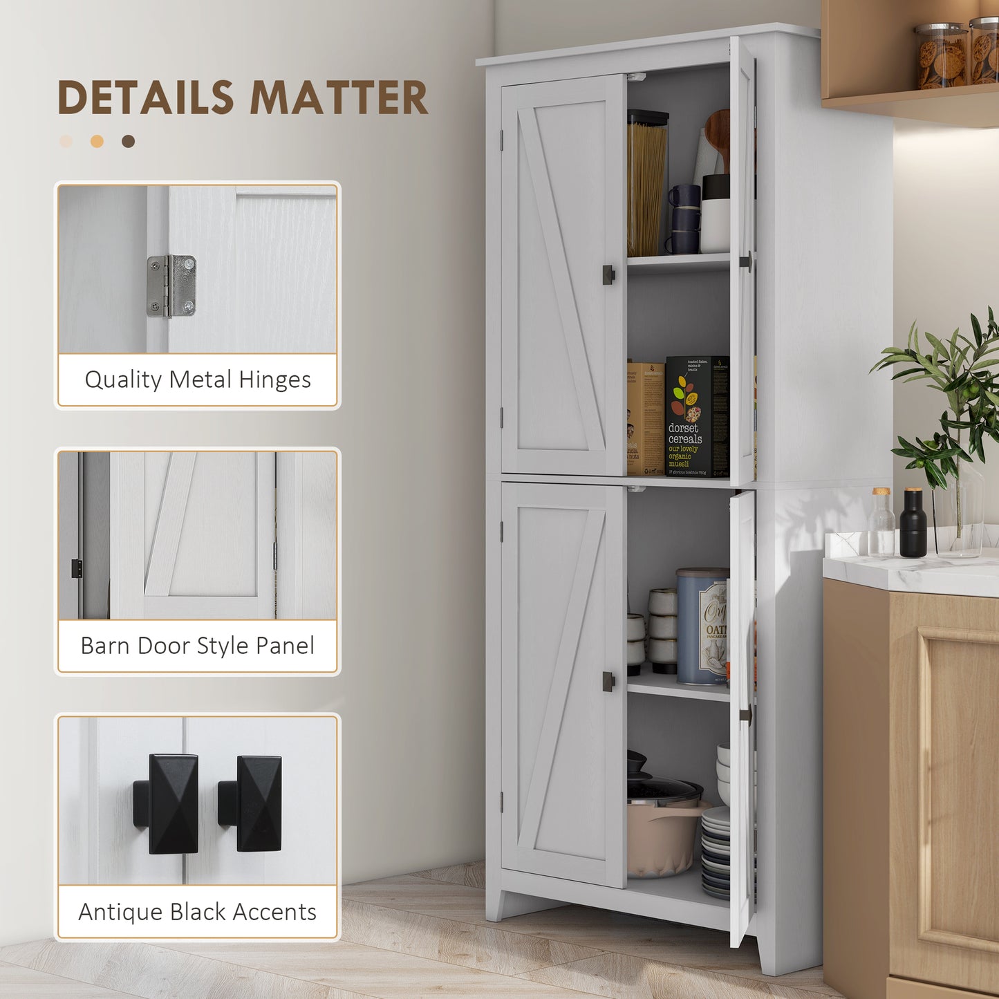 72" Tall Kitchen Pantry Cabinet - Farmhouse Storage with 4 Doors, White